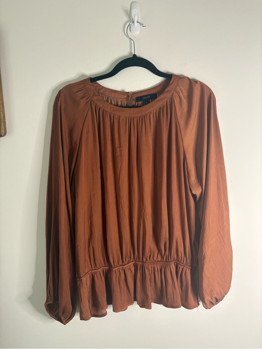 Eclair Rust Brown Silky Smocked Waist Peplum Blouse
- Long Sleeve Women's Top